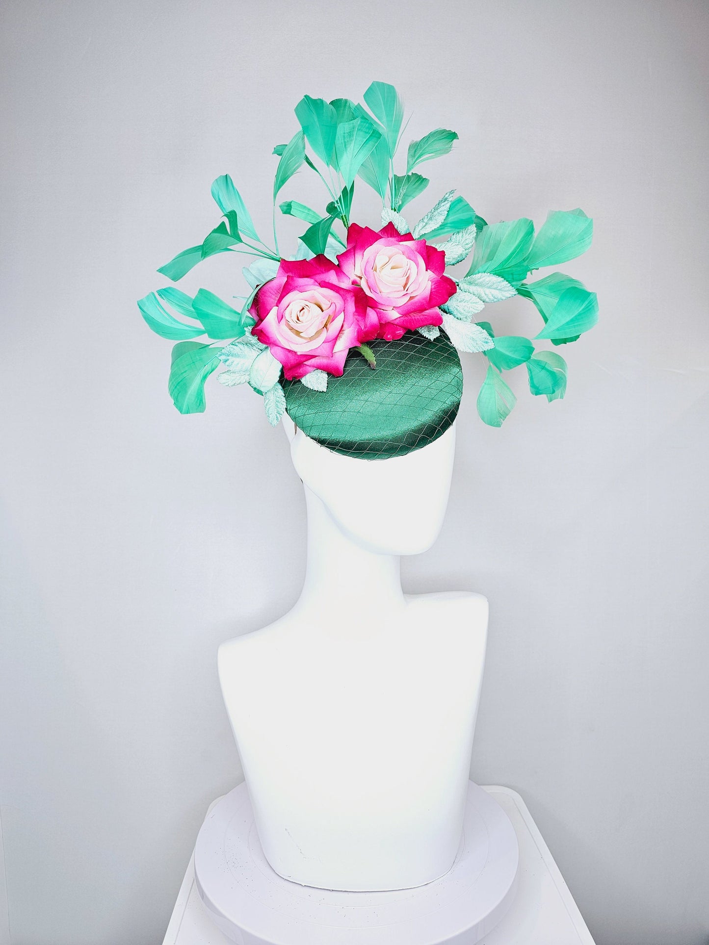 kentucky derby hat fascinator fuchsia pink ombre roses with green emerald satin and bright green feathers