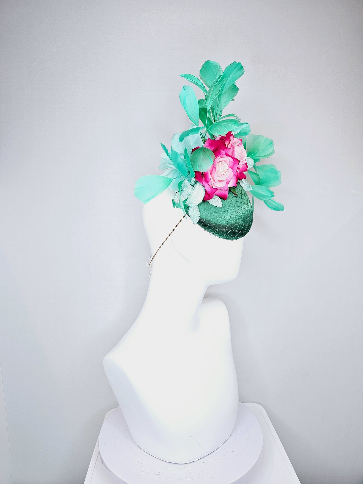 kentucky derby hat fascinator fuchsia pink ombre roses with green emerald satin and bright green feathers