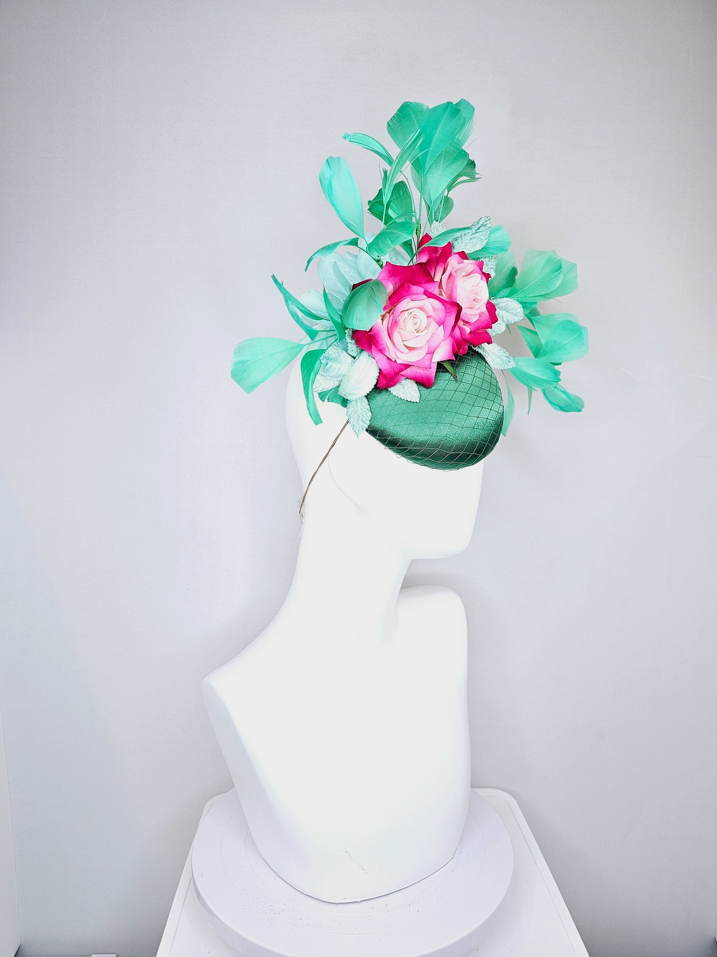 kentucky derby hat fascinator fuchsia pink ombre roses with green emerald satin and bright green feathers