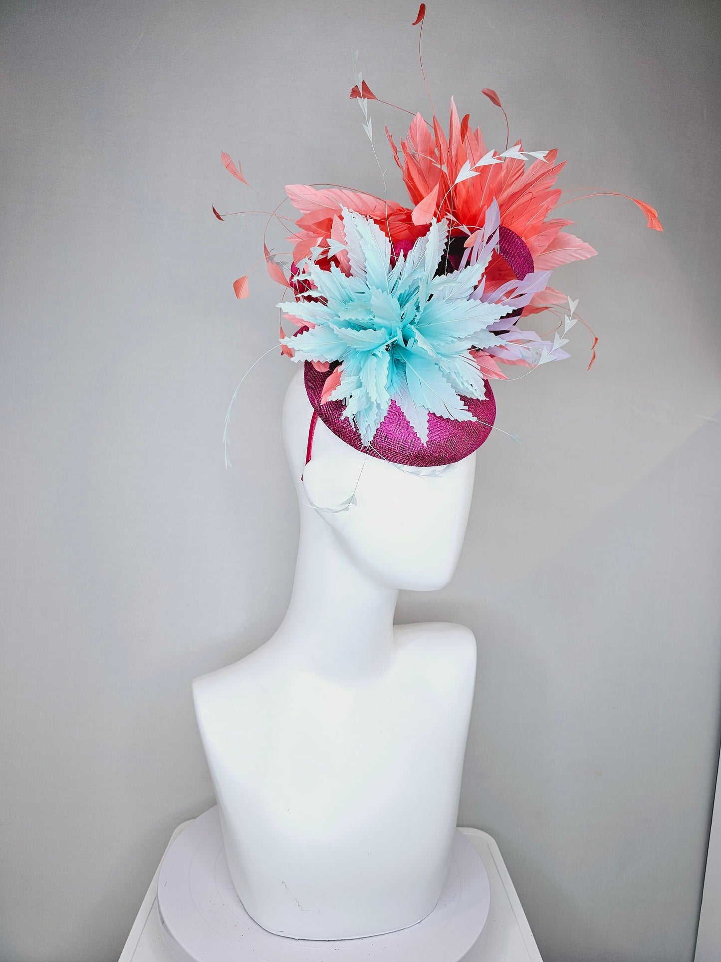 kentucky derby hat fascinator purple violet sinamay orange coral feathers and aqua turquoise blue flower  feather accent