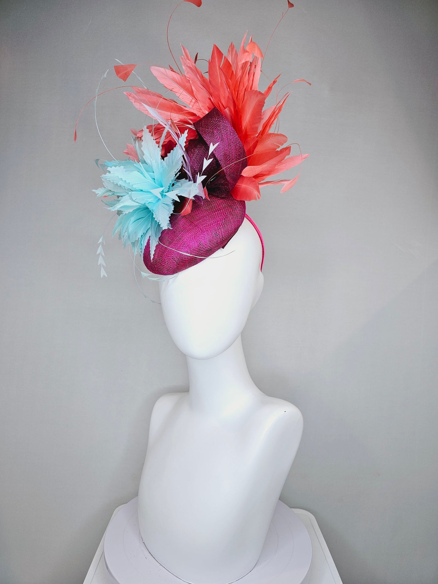 kentucky derby hat fascinator purple violet sinamay orange coral feathers and aqua turquoise blue flower  feather accent