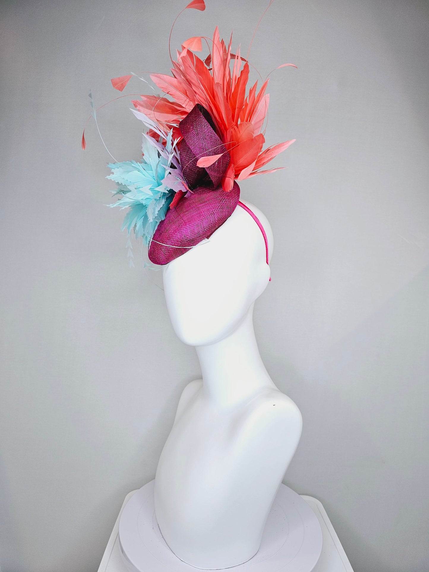 kentucky derby hat fascinator purple violet sinamay orange coral feathers and aqua turquoise blue flower  feather accent