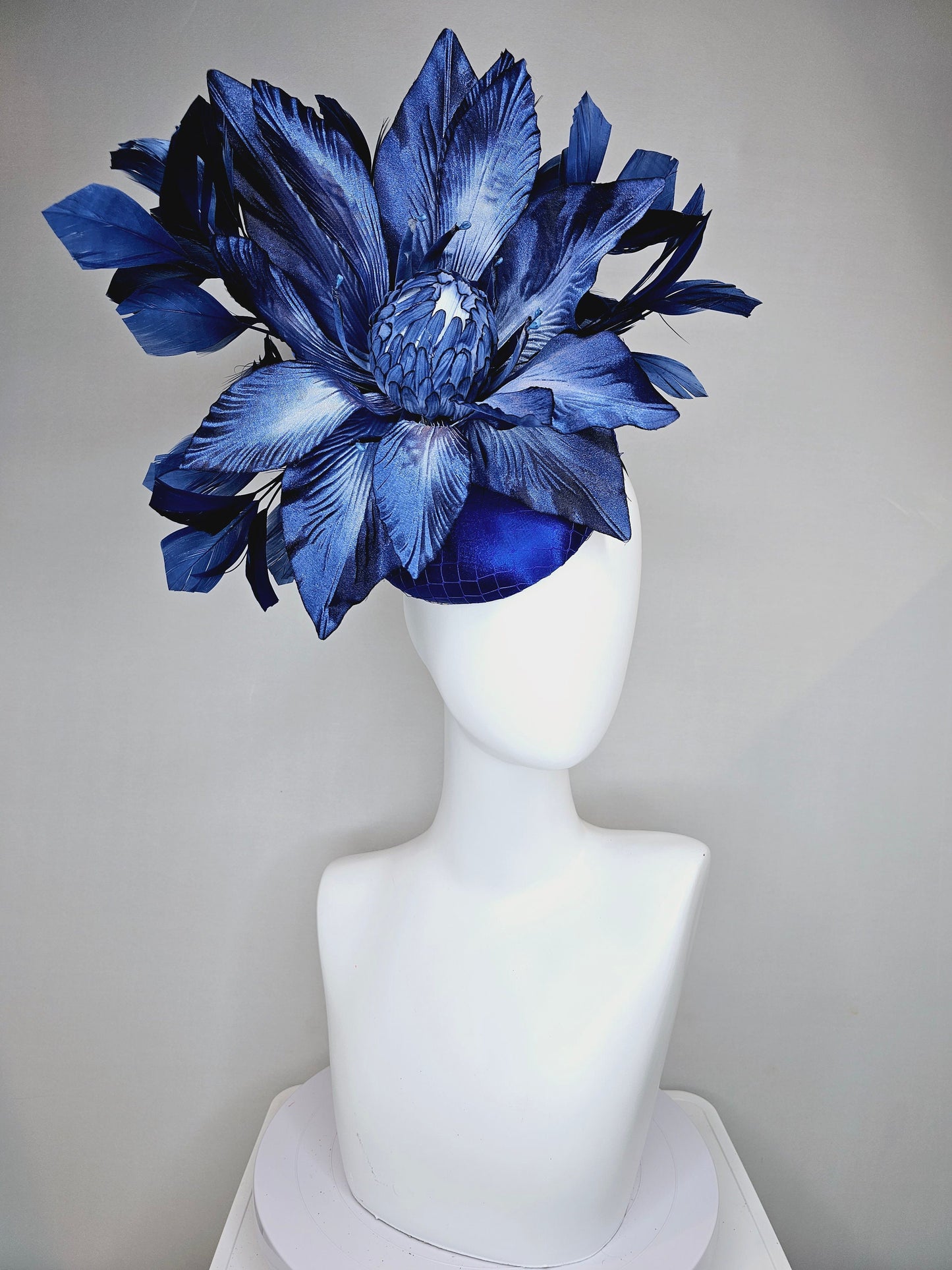 kentucky derby hat fascinator royal blue satin with navy blue feathers and huge ombre navy blue satin flower