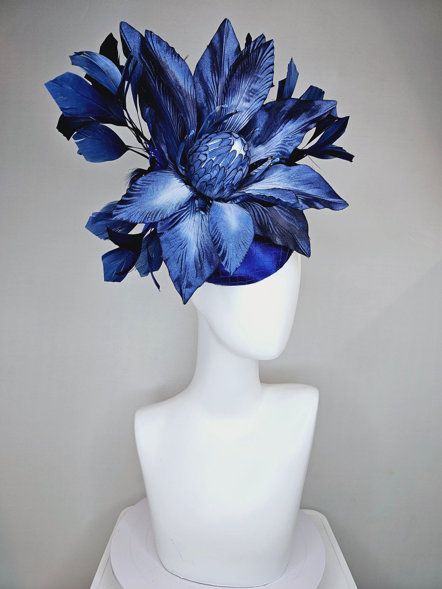 kentucky derby hat fascinator royal blue satin with navy blue feathers and huge ombre navy blue satin flower