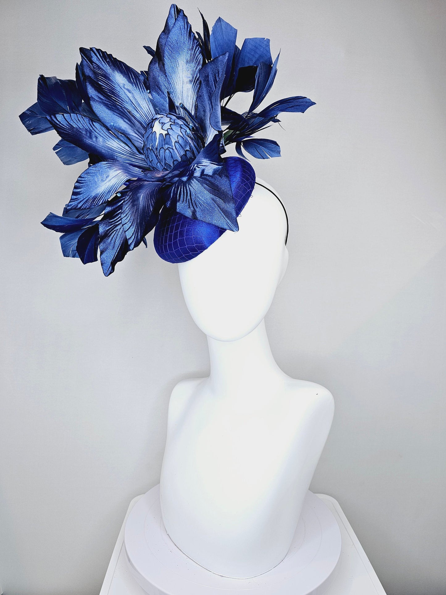 kentucky derby hat fascinator royal blue satin with navy blue feathers and huge ombre navy blue satin flower