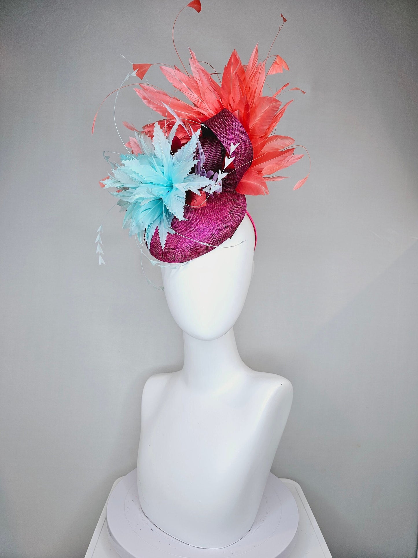 kentucky derby hat fascinator purple violet sinamay orange coral feathers and aqua turquoise blue flower  feather accent