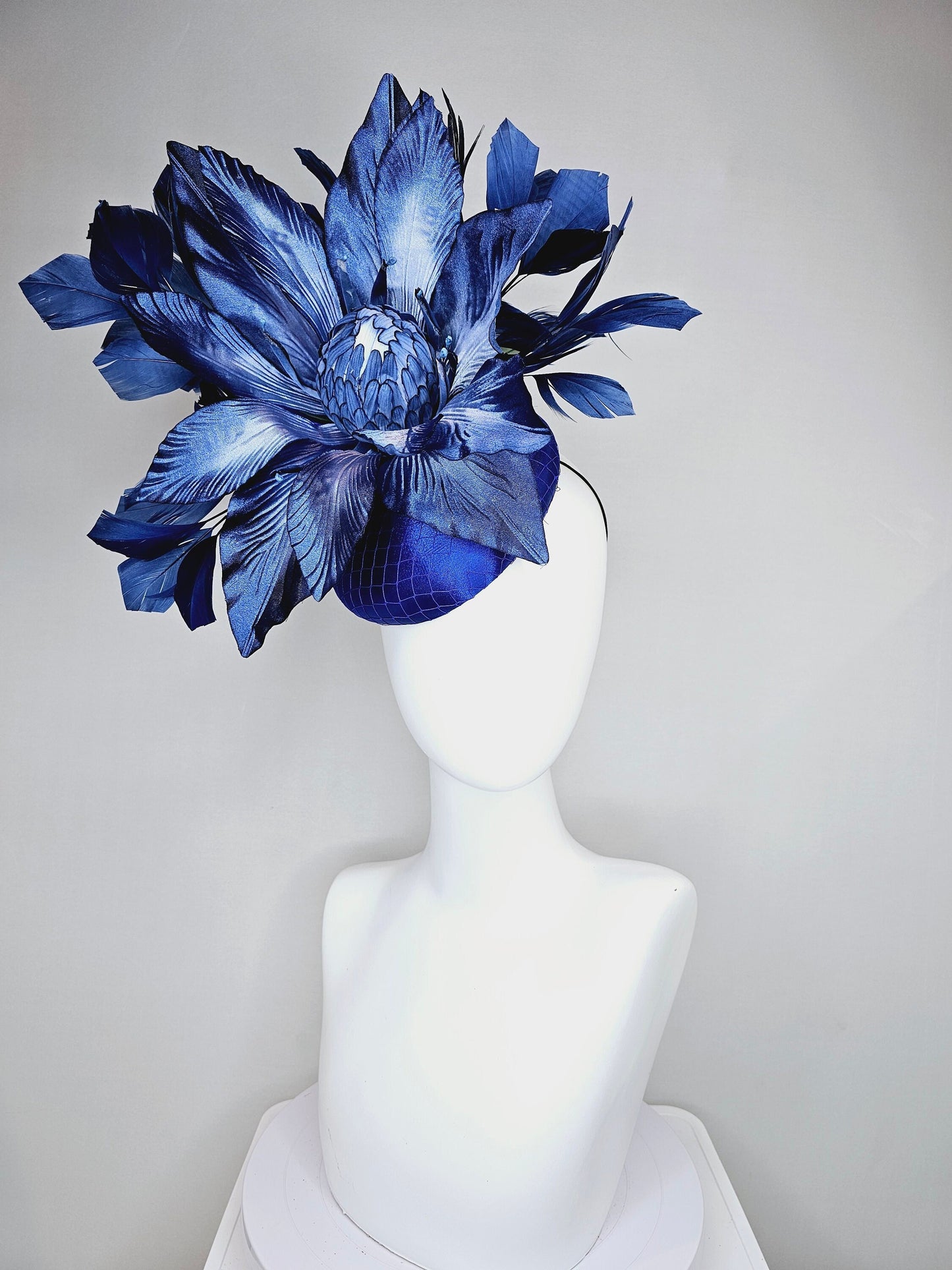 kentucky derby hat fascinator royal blue satin with navy blue feathers and huge ombre navy blue satin flower