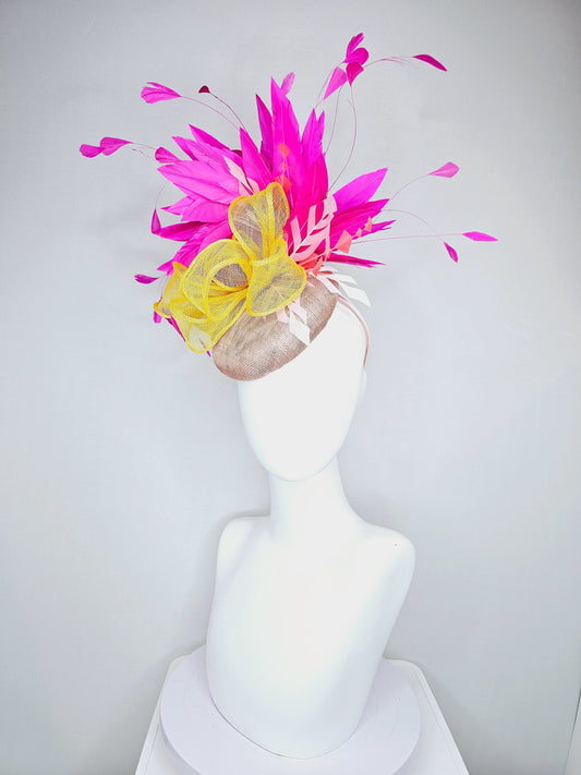 kentucky derby hat fascinator  taupe neutral sinamay with pink fuchsia feathers with yellow sinamay bow and lavender feather accent