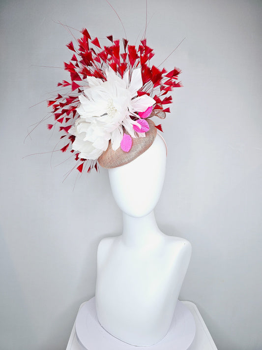 kentucky derby hat fascinator  taupe neutral  sinamay with white feather flowers and pink satin leaves and red feathers