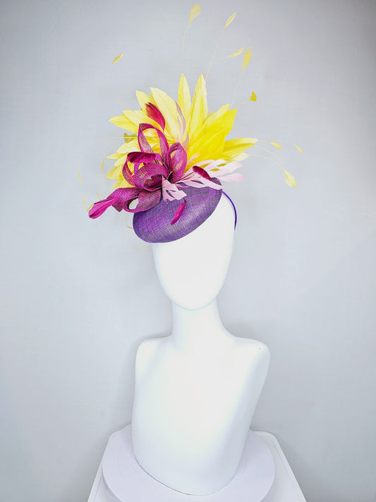 kentucky derby hat fascinator  purple sinamay with yellow feathers magenta pink violet sinamay bow and pink feather accent