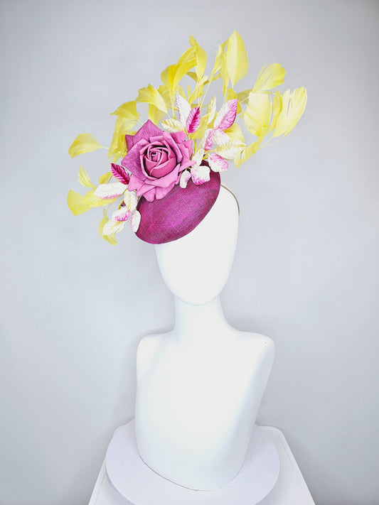 kentucky derby hat fascinator  purple sinamay with yellow feathers pink violet rose flower with ombre yellow pink leaves