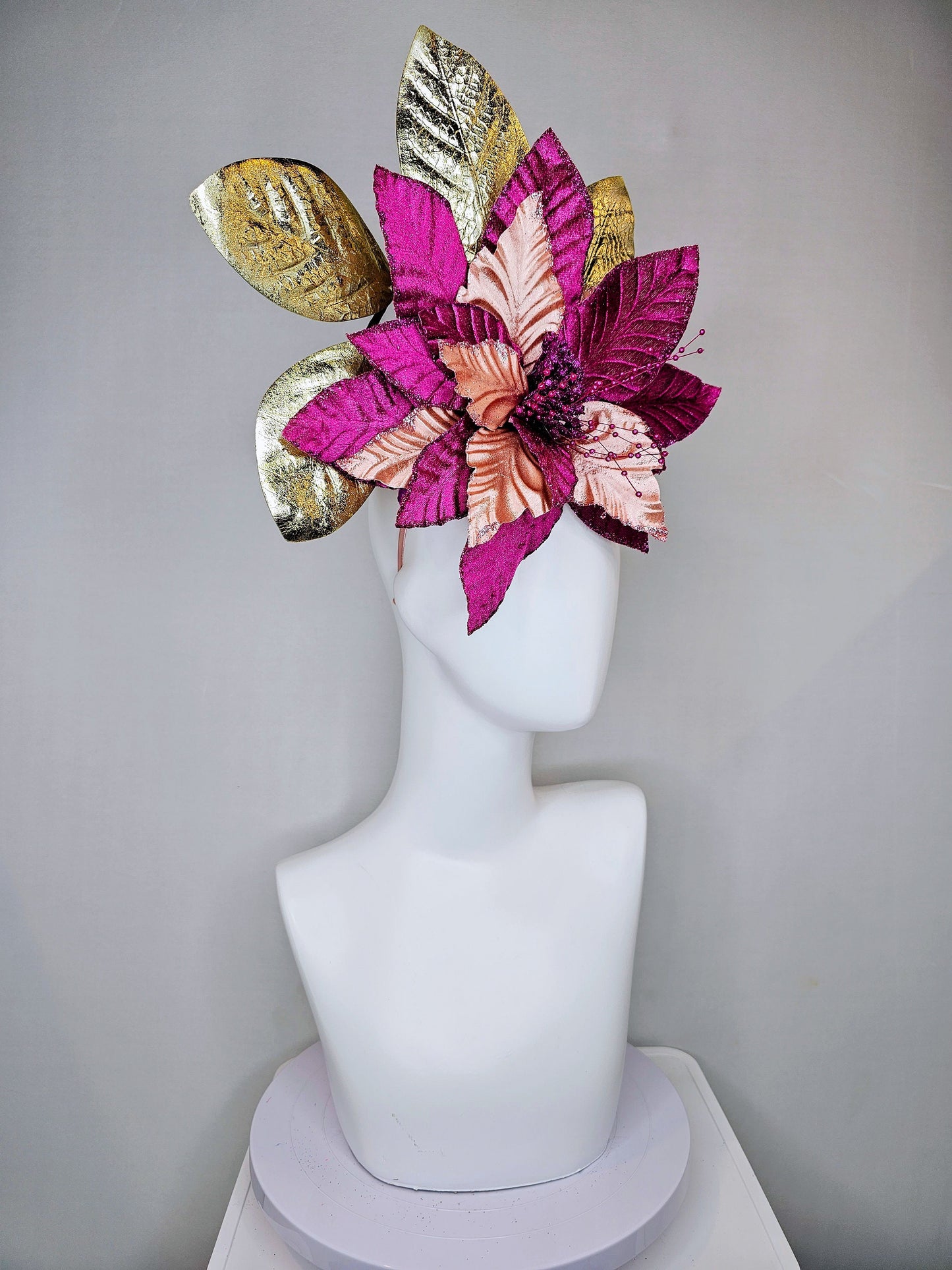 kentucky derby hat fascinator magenta wine burgundy purple fuchsia and metallic gold large flower and leaves