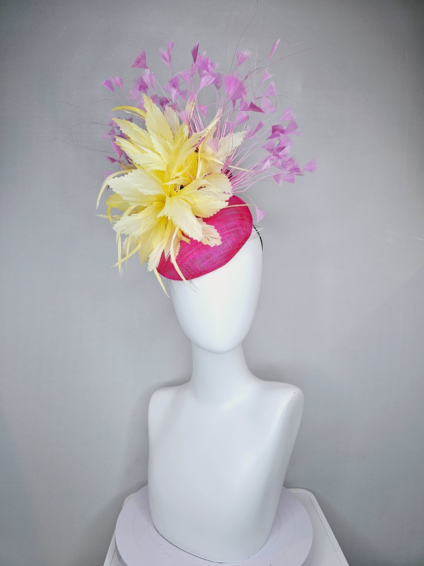 kentucky derby hat fascinator hot pink sinamay with  lavender purple pink feathers yellow feather flower