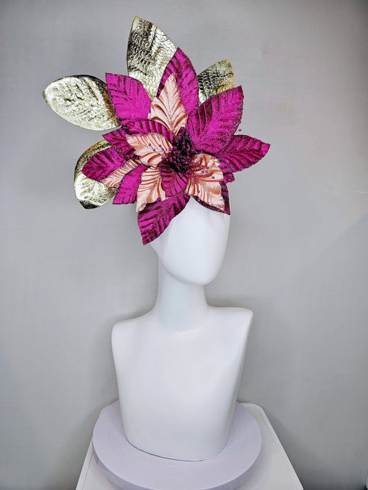 kentucky derby hat fascinator magenta wine burgundy purple fuchsia and metallic gold large flower and leaves