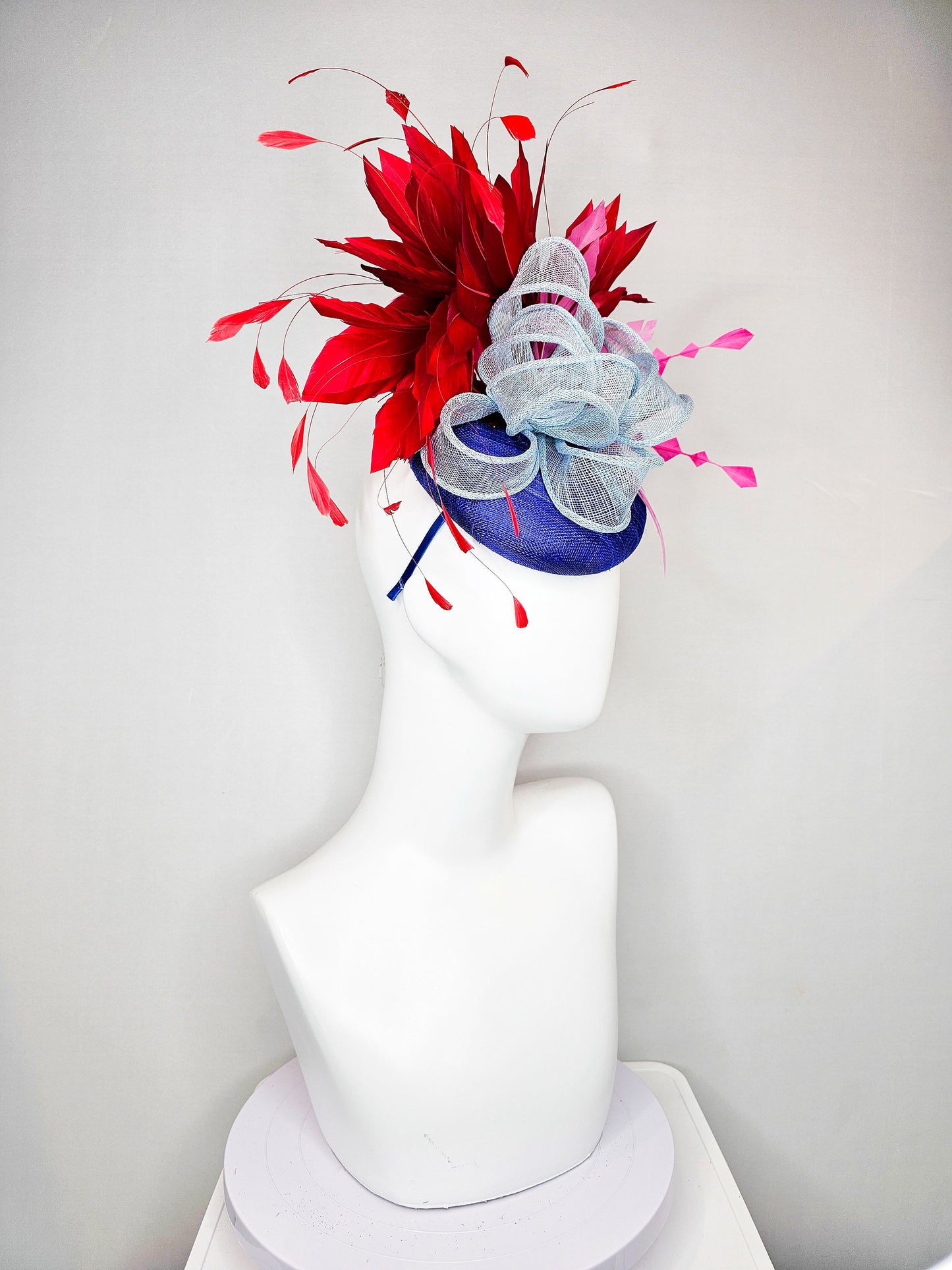 kentucky derby hat fascinator royal blue  sinamay with red feathers light blue sinamay bow and pink feather accent