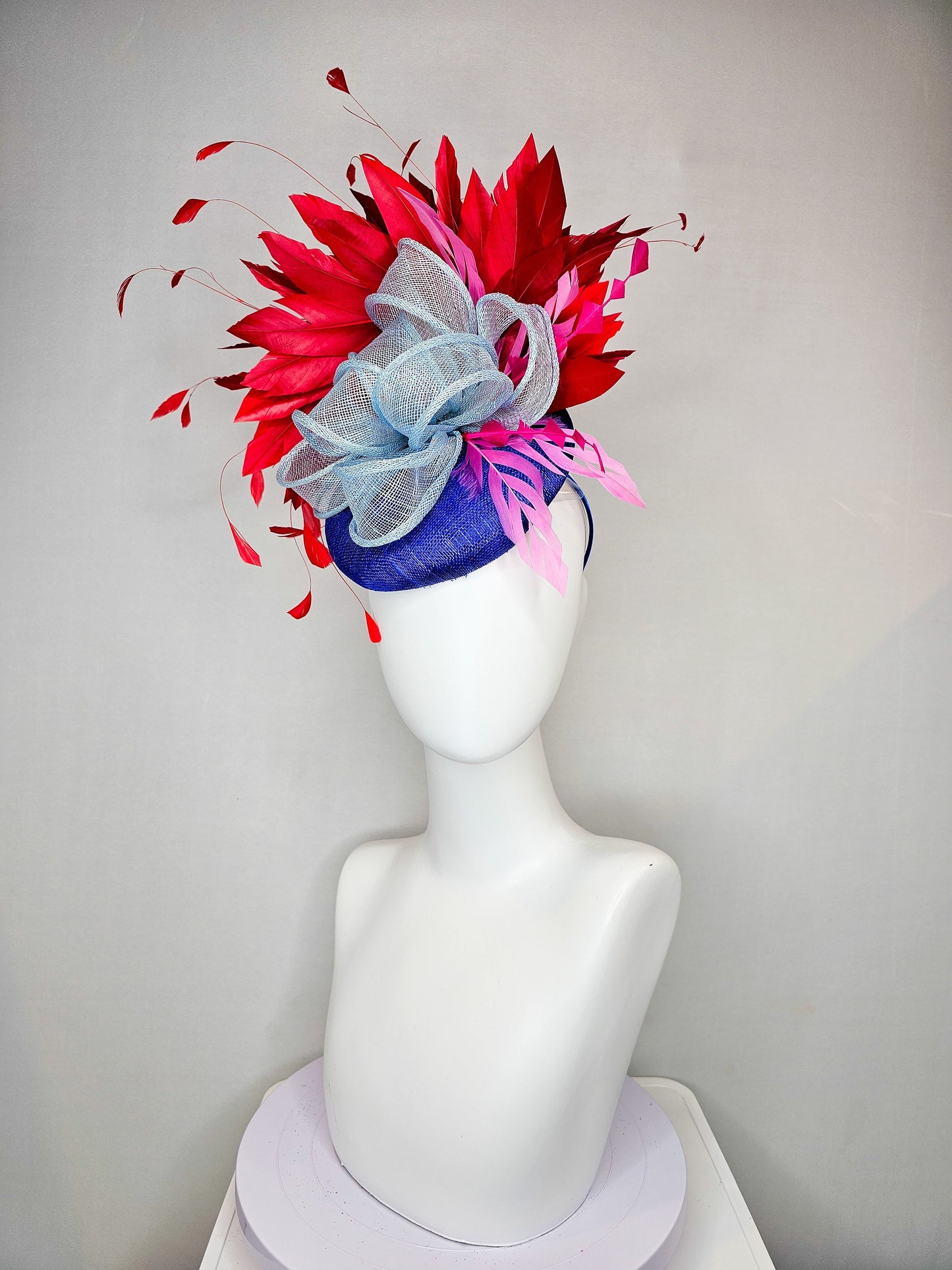 kentucky derby hat fascinator royal blue  sinamay with red feathers light blue sinamay bow and pink feather accent