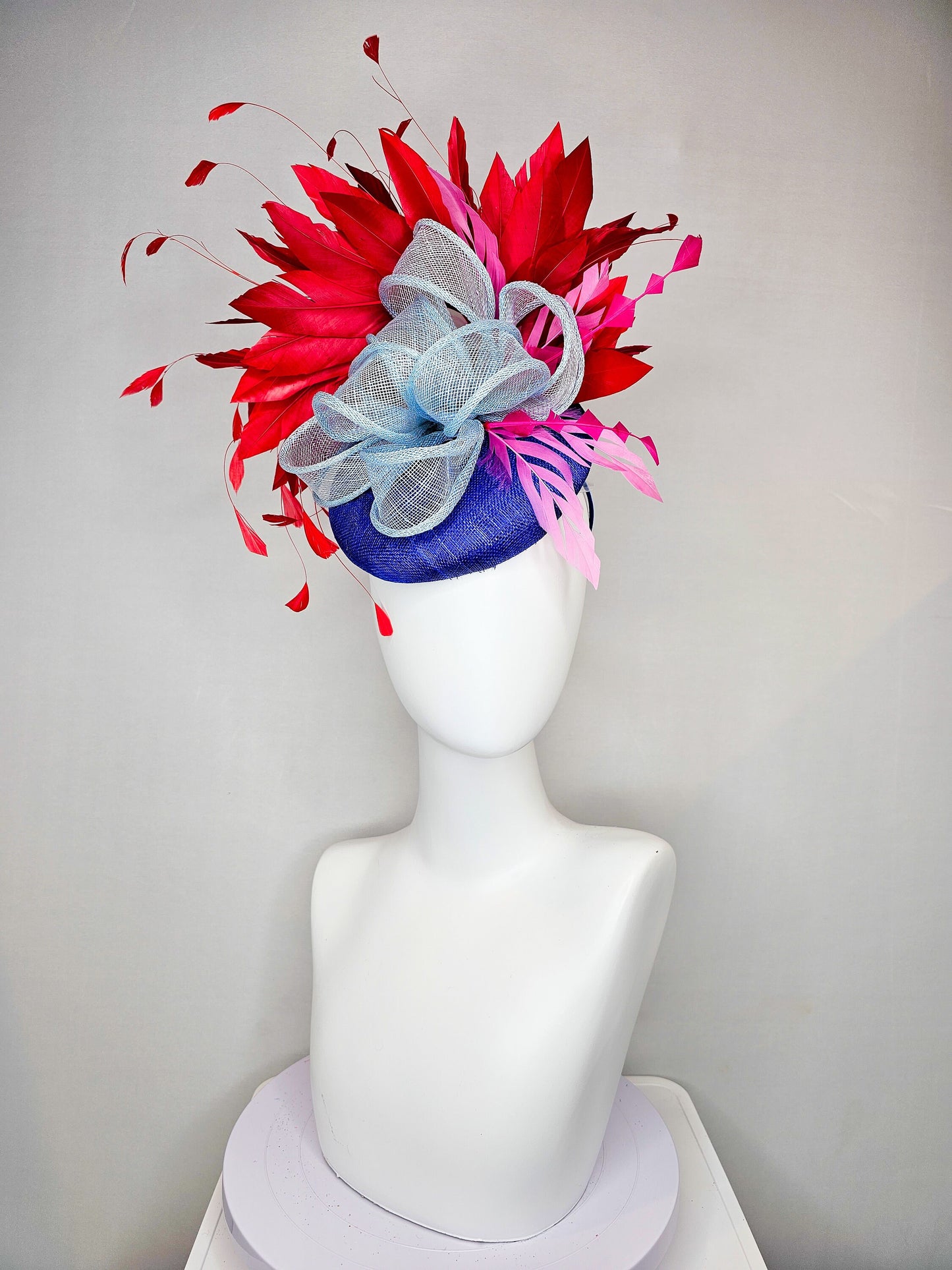 kentucky derby hat fascinator royal blue  sinamay with red feathers light blue sinamay bow and pink feather accent