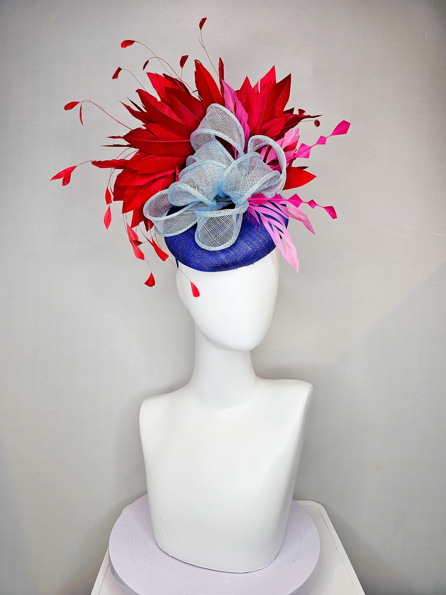 kentucky derby hat fascinator royal blue  sinamay with red feathers light blue sinamay bow and pink feather accent