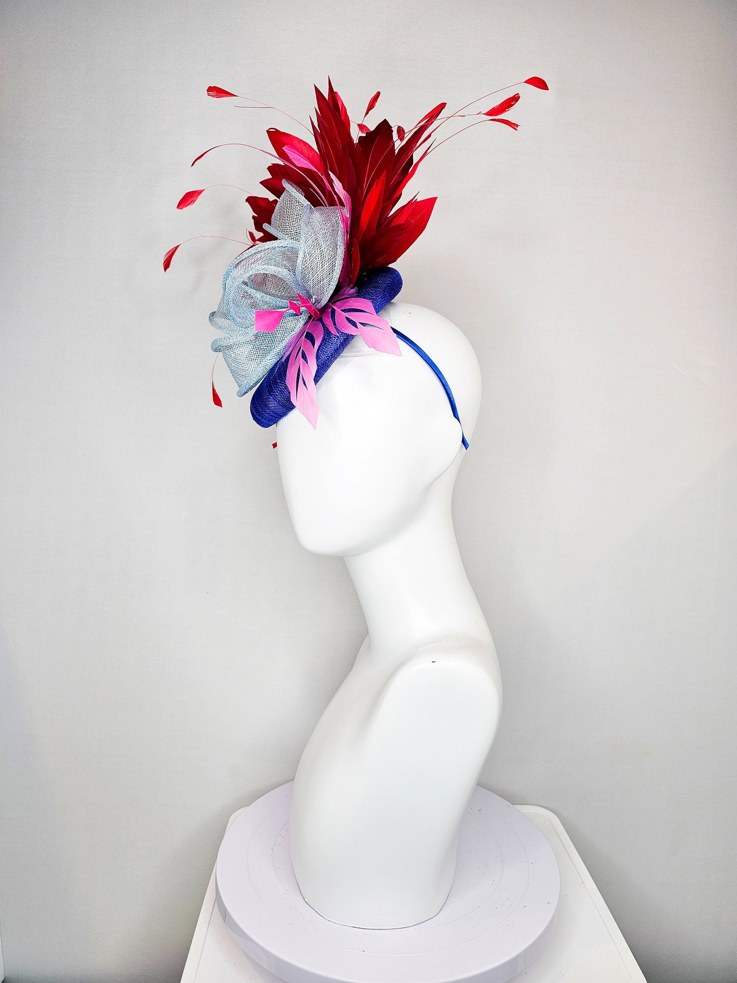 kentucky derby hat fascinator royal blue  sinamay with red feathers light blue sinamay bow and pink feather accent