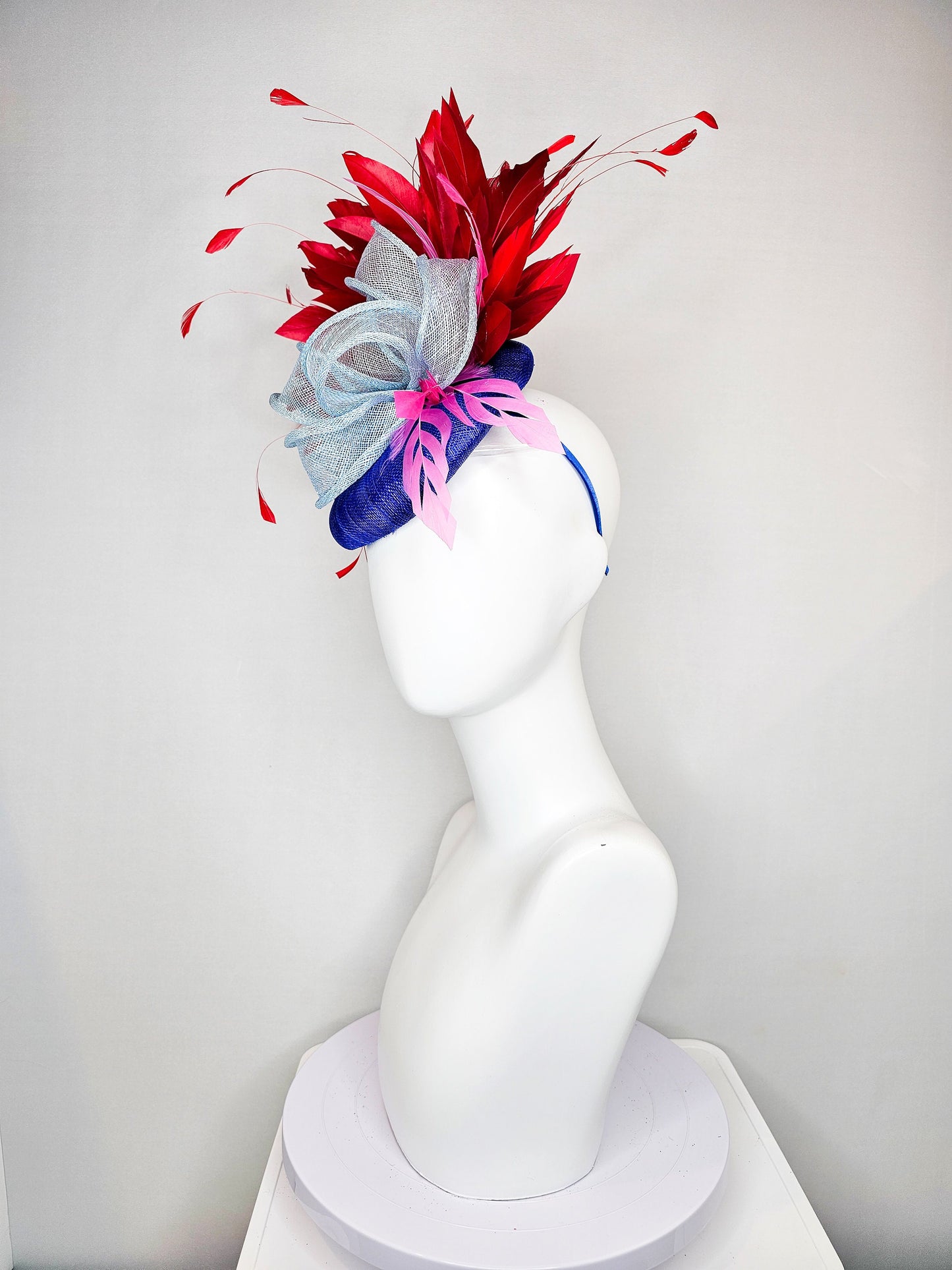 kentucky derby hat fascinator royal blue  sinamay with red feathers light blue sinamay bow and pink feather accent