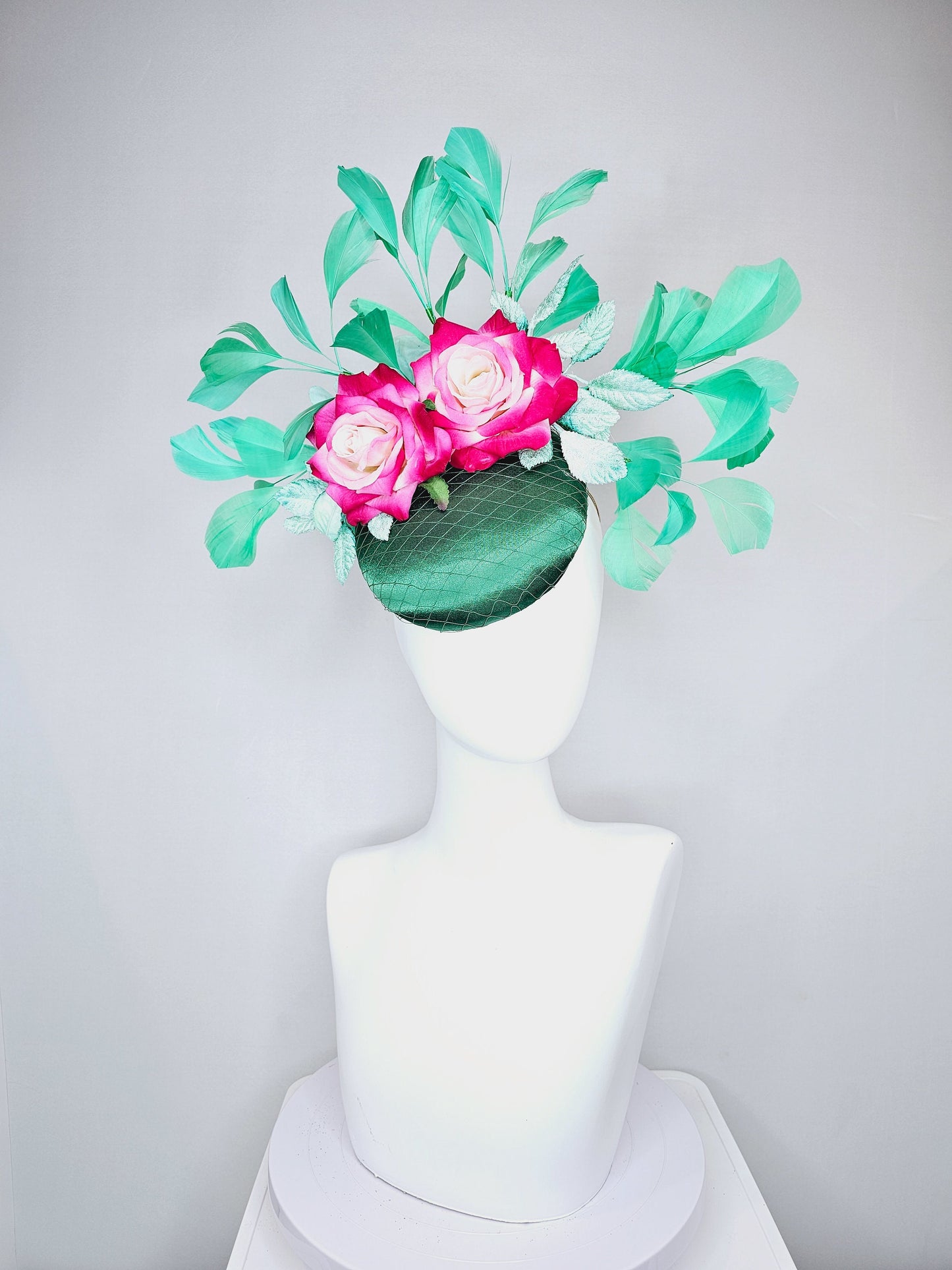 kentucky derby hat fascinator fuchsia pink ombre roses with green emerald satin and bright green feathers