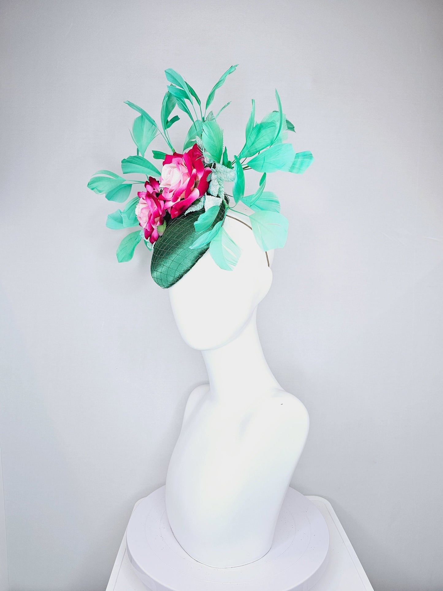 kentucky derby hat fascinator fuchsia pink ombre roses with green emerald satin and bright green feathers