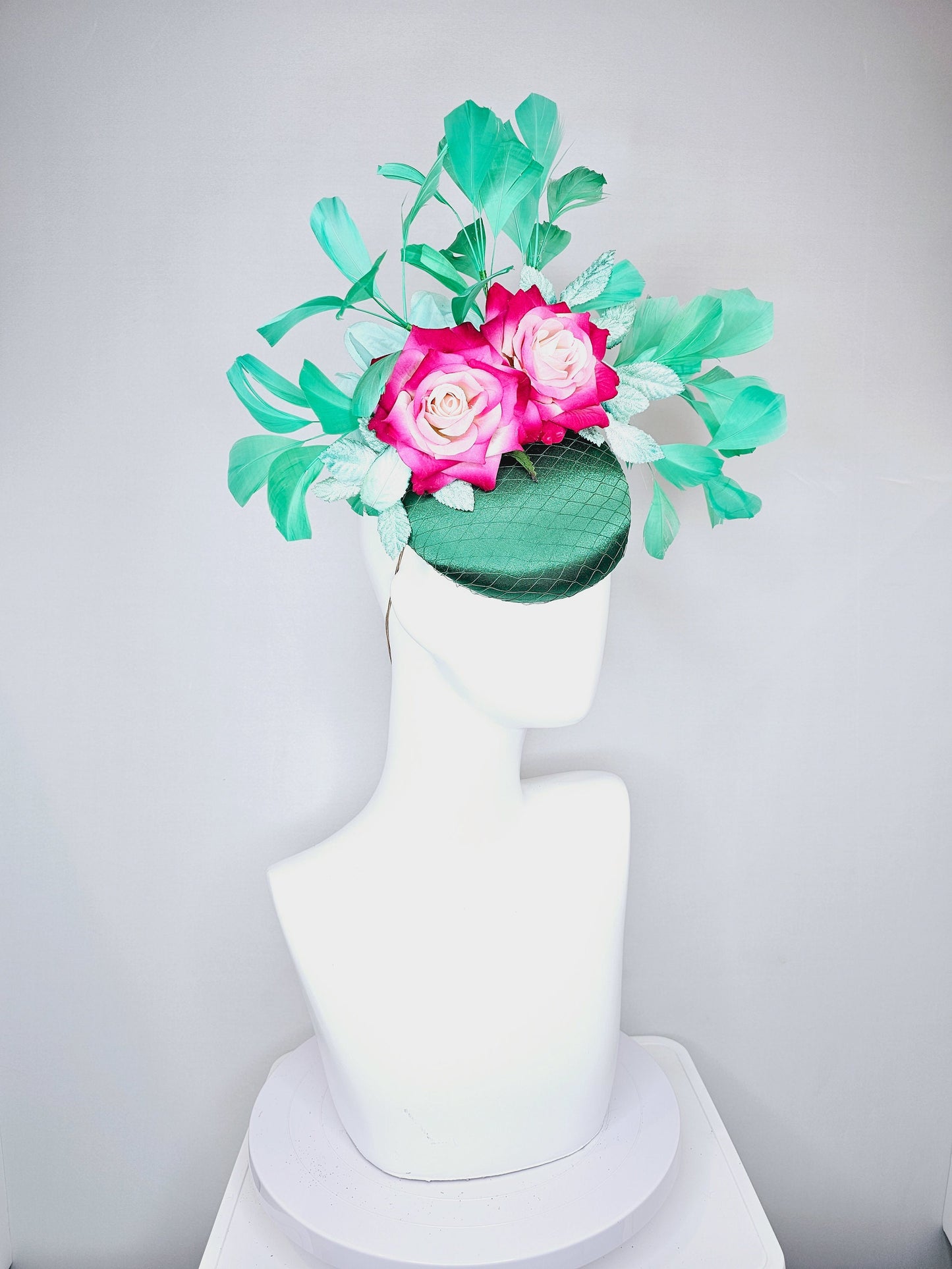 kentucky derby hat fascinator fuchsia pink ombre roses with green emerald satin and bright green feathers