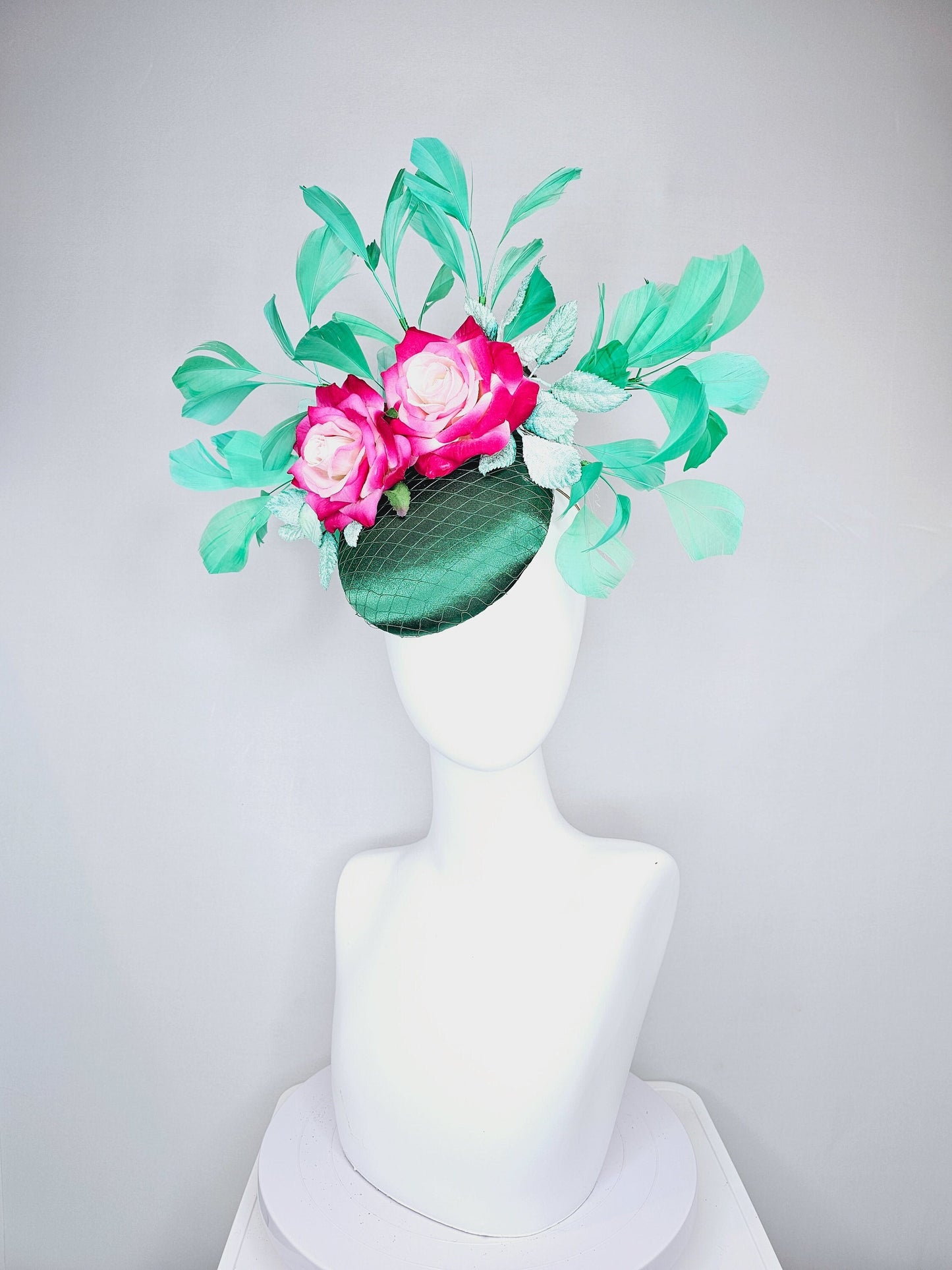 kentucky derby hat fascinator fuchsia pink ombre roses with green emerald satin and bright green feathers