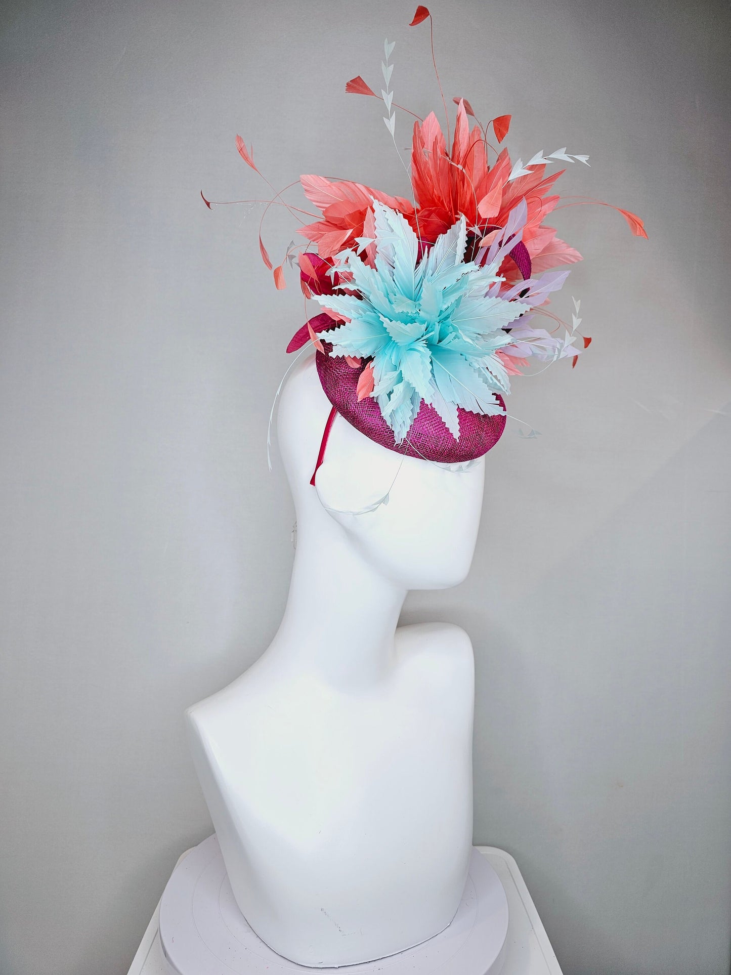 kentucky derby hat fascinator purple violet sinamay orange coral feathers and aqua turquoise blue flower  feather accent