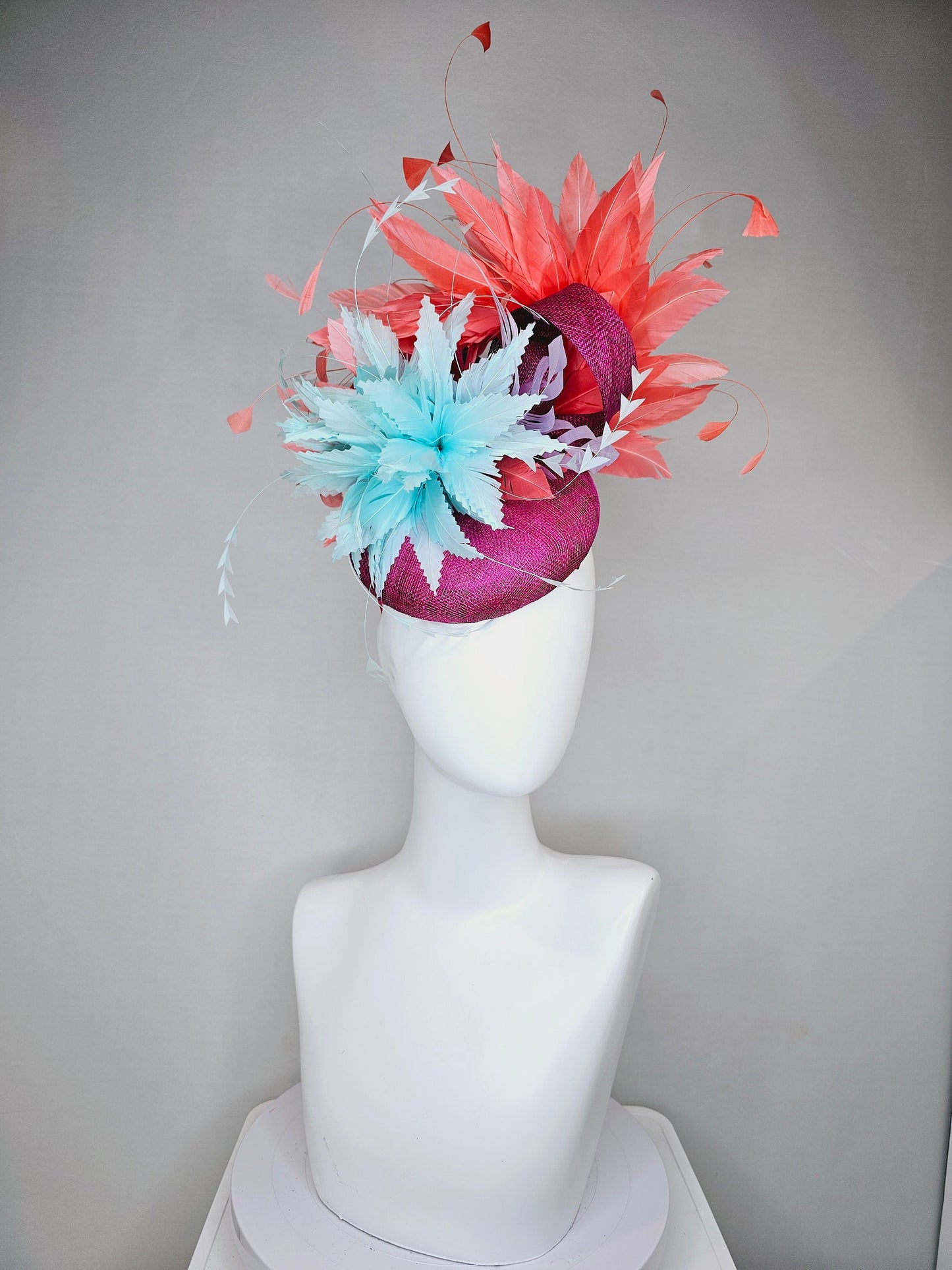 kentucky derby hat fascinator purple violet sinamay orange coral feathers and aqua turquoise blue flower  feather accent