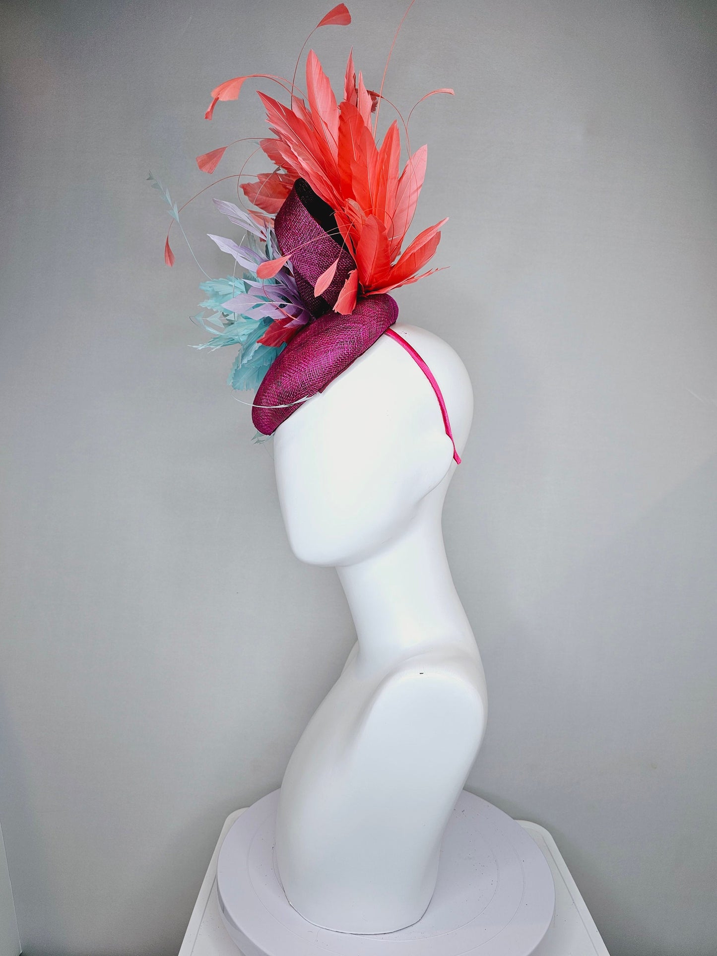 kentucky derby hat fascinator purple violet sinamay orange coral feathers and aqua turquoise blue flower  feather accent