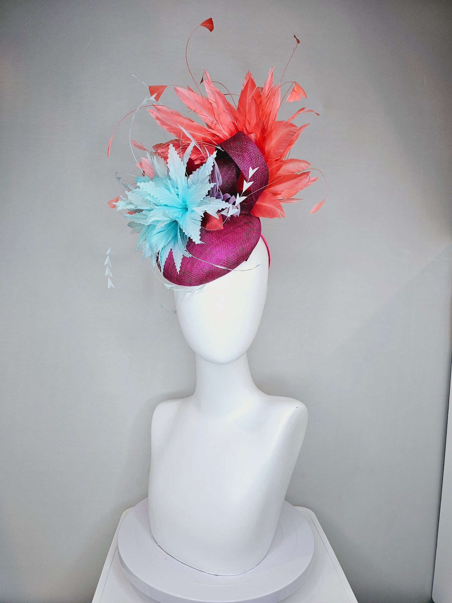 kentucky derby hat fascinator purple violet sinamay orange coral feathers and aqua turquoise blue flower  feather accent