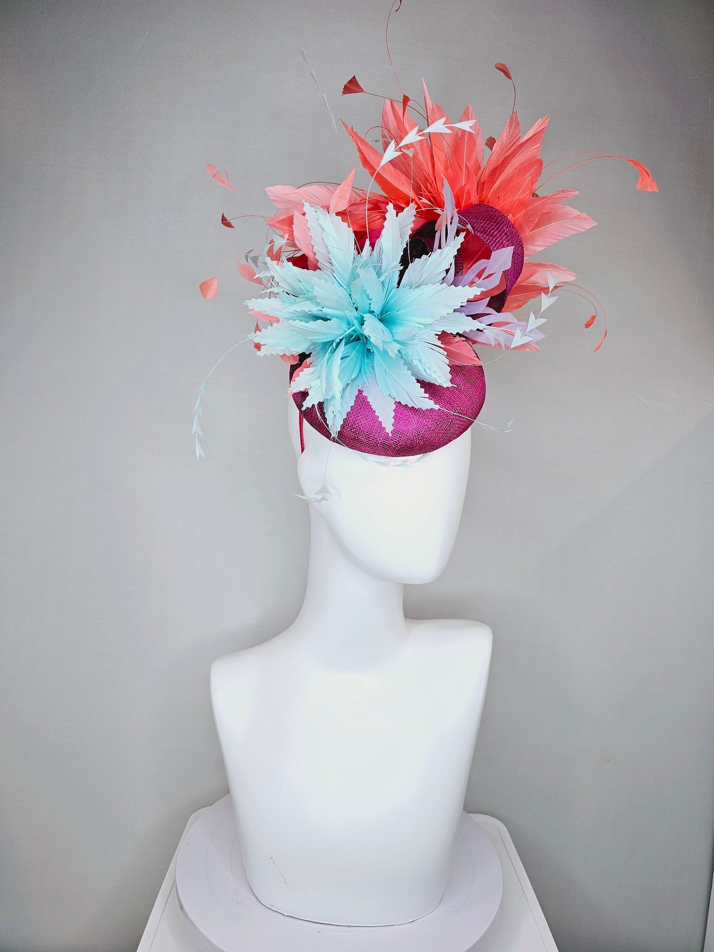 kentucky derby hat fascinator purple violet sinamay orange coral feathers and aqua turquoise blue flower  feather accent