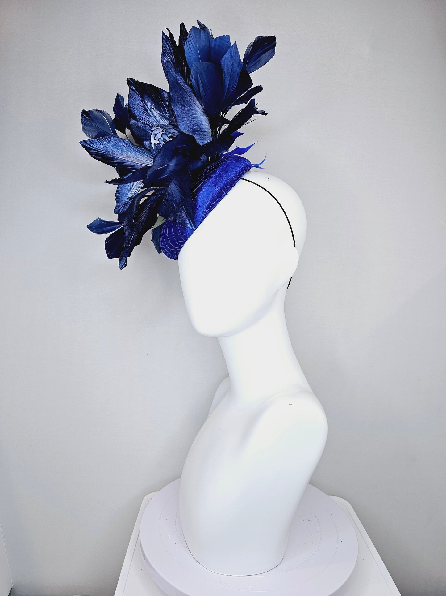 kentucky derby hat fascinator royal blue satin with navy blue feathers and huge ombre navy blue satin flower