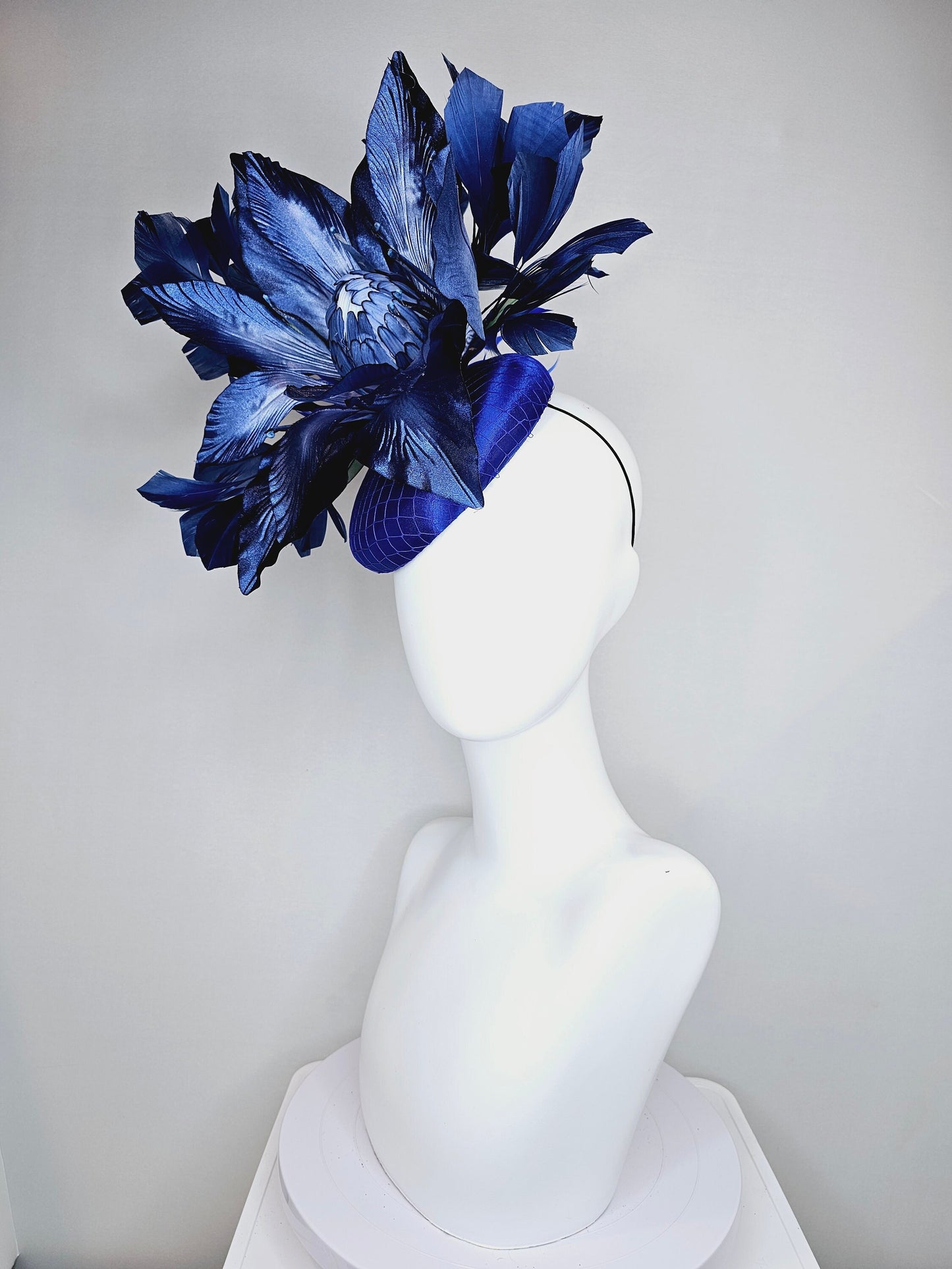 kentucky derby hat fascinator royal blue satin with navy blue feathers and huge ombre navy blue satin flower