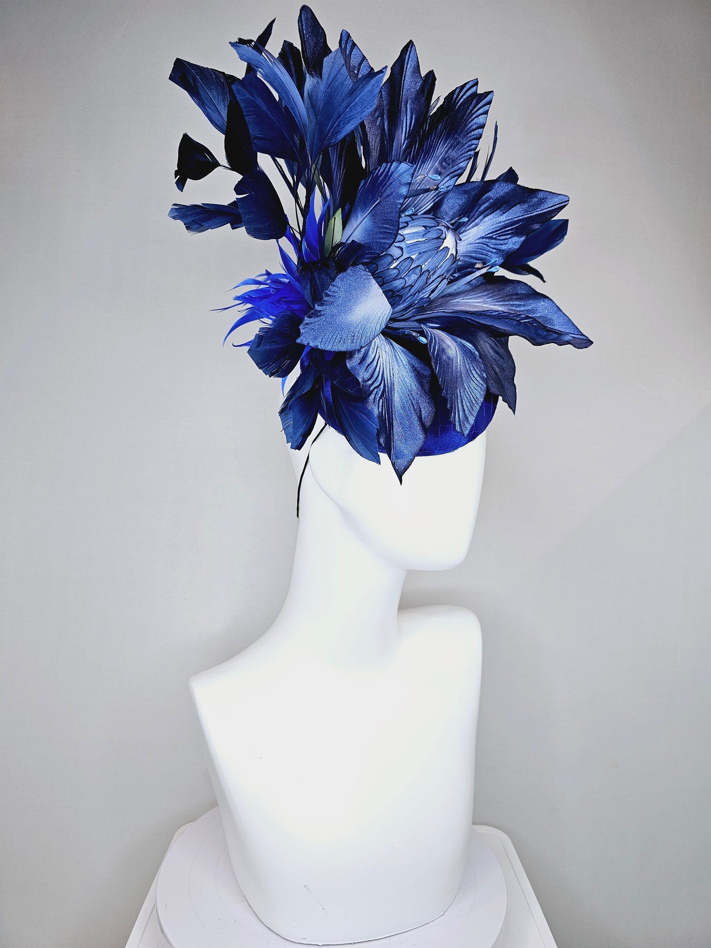 kentucky derby hat fascinator royal blue satin with navy blue feathers and huge ombre navy blue satin flower