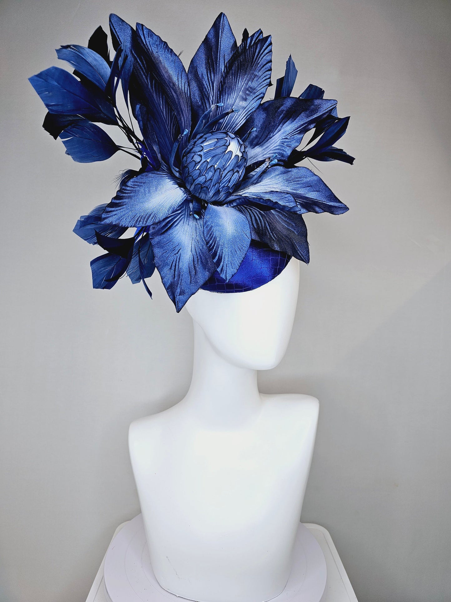 kentucky derby hat fascinator royal blue satin with navy blue feathers and huge ombre navy blue satin flower