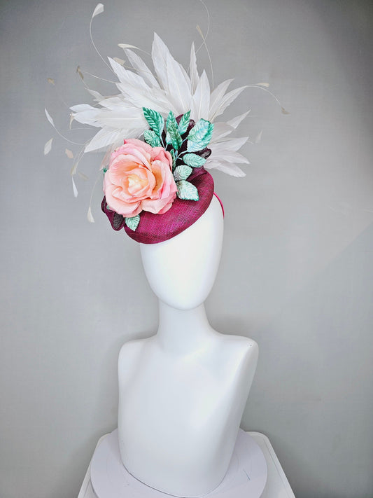 kentucky derby hat fascinator magenta purple sinamay with white feathers pink ombre rose flower and teal blue leaves