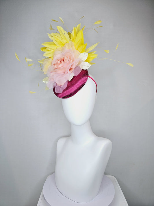 kentucky derby hat fascinator  purple magenta pink satin with yellow feathers pink organza rose flower with blush leaves