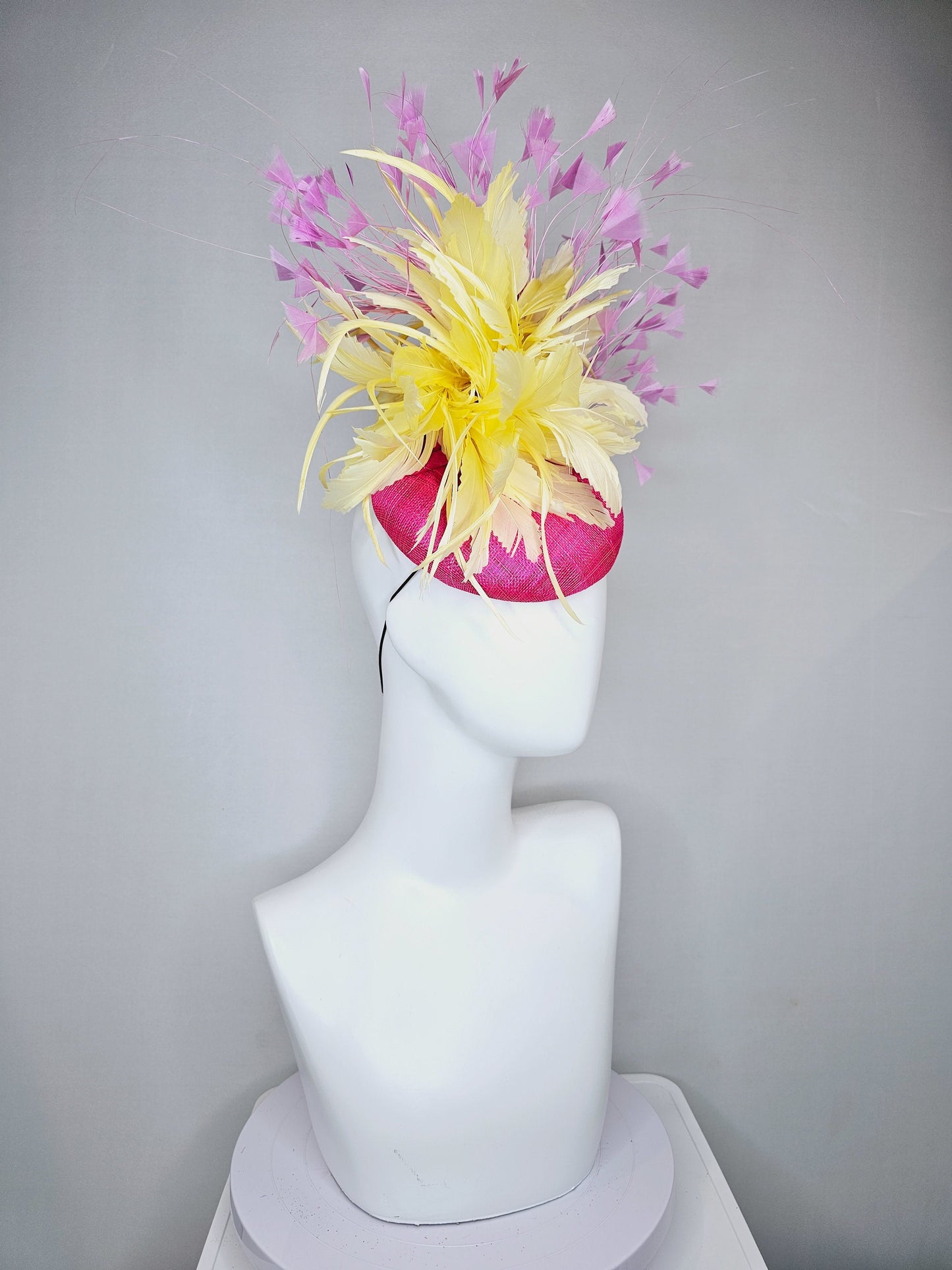 kentucky derby hat fascinator hot pink sinamay with  lavender purple pink feathers yellow feather flower