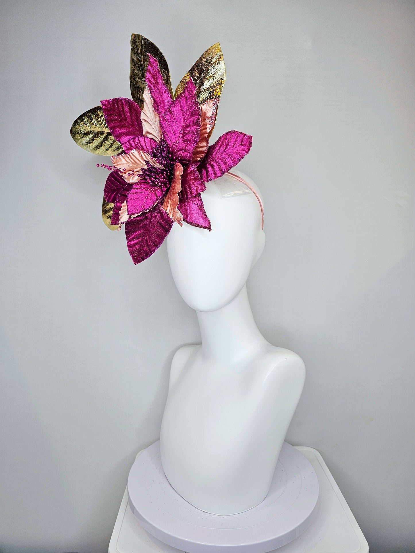 kentucky derby hat fascinator magenta wine burgundy purple fuchsia and metallic gold large flower and leaves