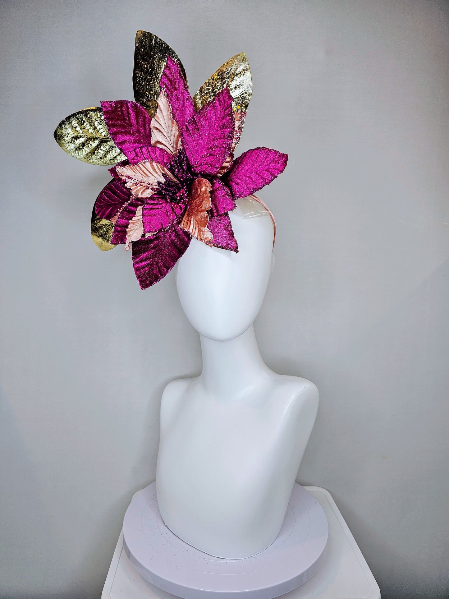 kentucky derby hat fascinator magenta wine burgundy purple fuchsia and metallic gold large flower and leaves