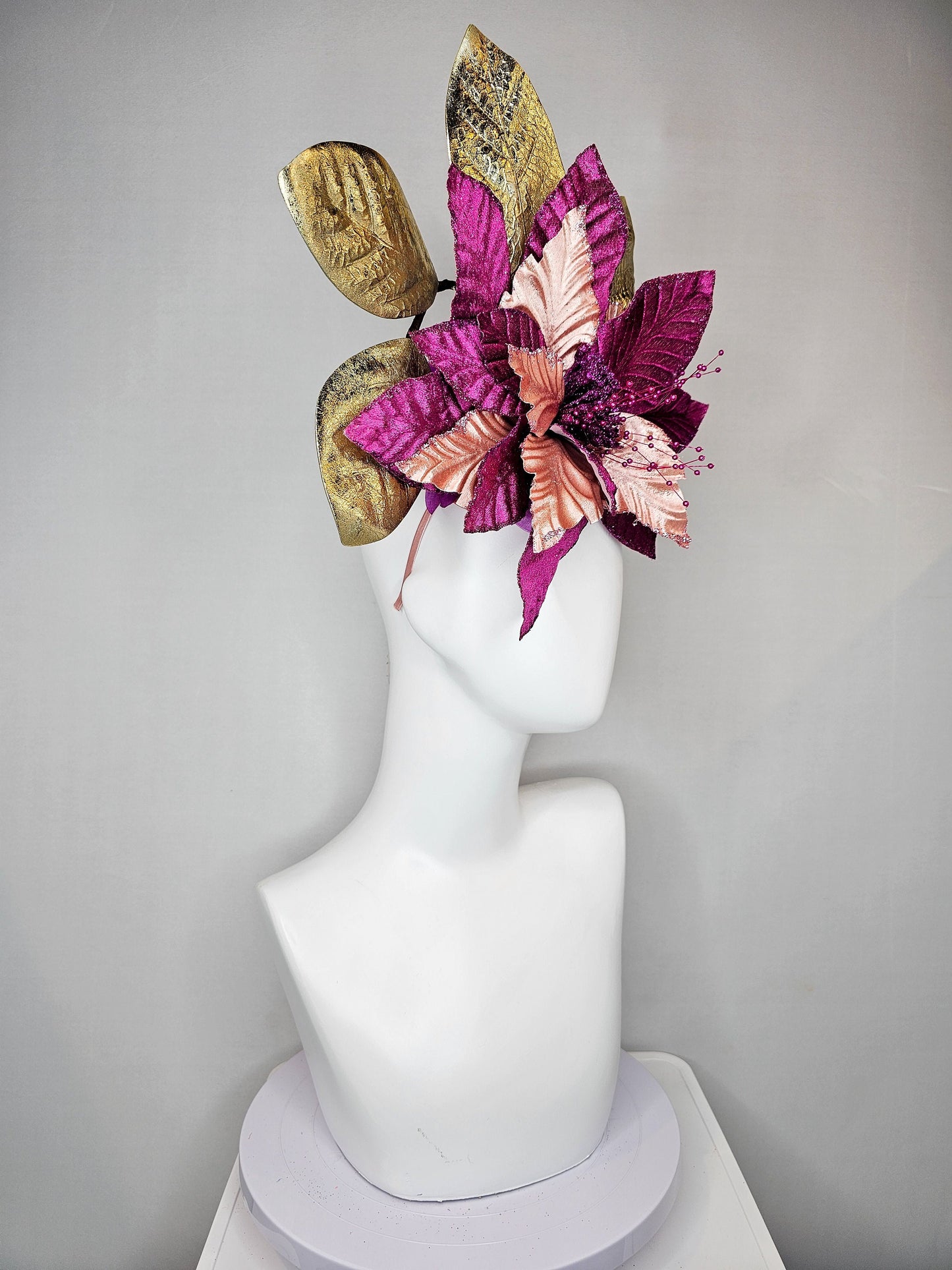 kentucky derby hat fascinator magenta wine burgundy purple fuchsia and metallic gold large flower and leaves