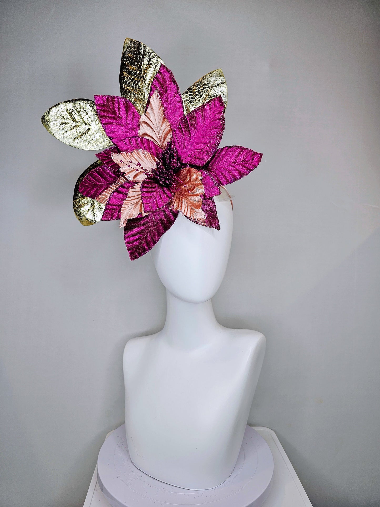 kentucky derby hat fascinator magenta wine burgundy purple fuchsia and metallic gold large flower and leaves