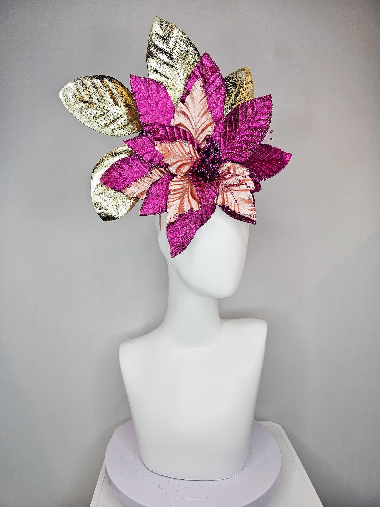 kentucky derby hat fascinator magenta wine burgundy purple fuchsia and metallic gold large flower and leaves