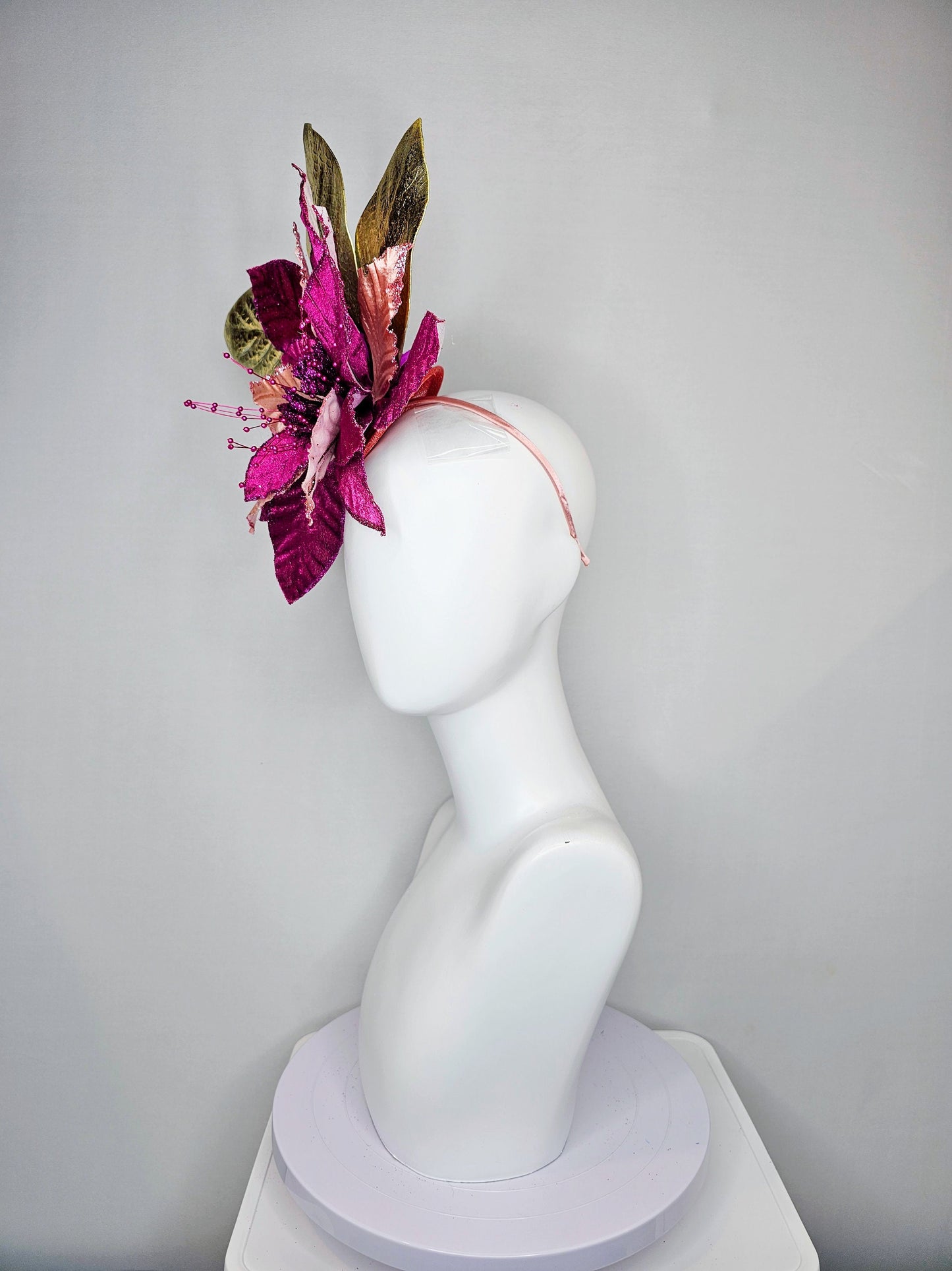 kentucky derby hat fascinator magenta wine burgundy purple fuchsia and metallic gold large flower and leaves