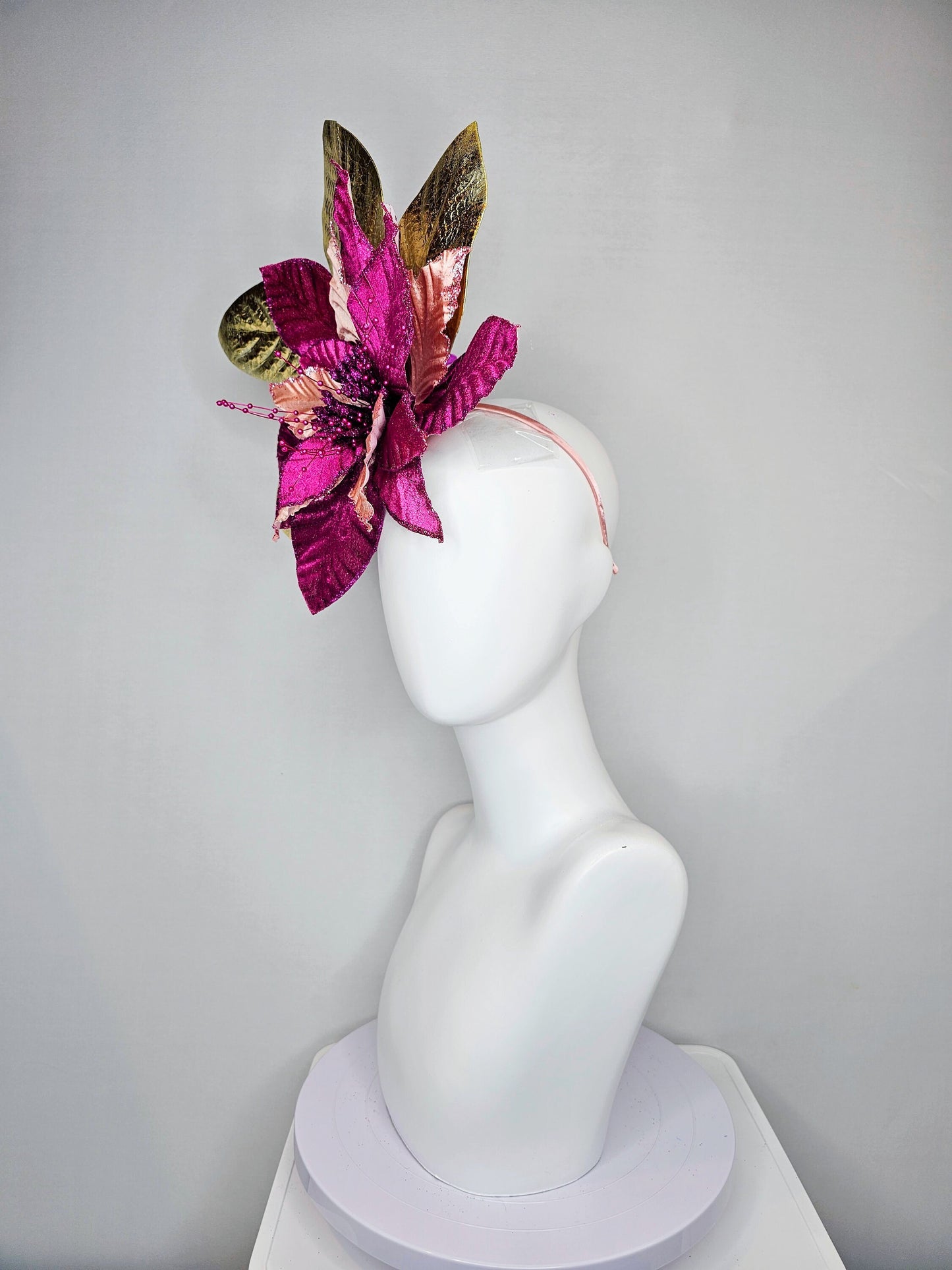 kentucky derby hat fascinator magenta wine burgundy purple fuchsia and metallic gold large flower and leaves