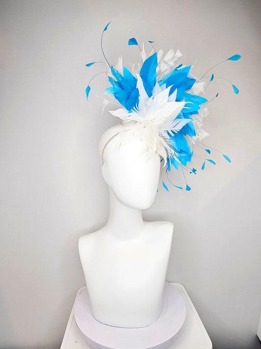 kentucky derby hat fascinator white sinamay with white feather flower and feathers with bright turquoise  blue feathers