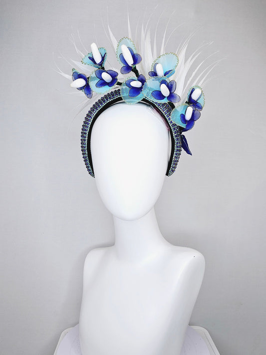kentucky derby hat fascinator blue royal and aqua rhinestone crystal headband with blue wires flowers spiky white  feathers