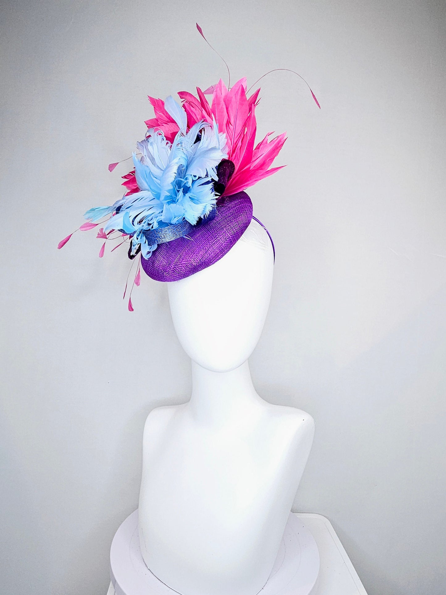 kentucky derby hat fascinator purple sinamay with light blue feather flower with large pink fuchsia feathers